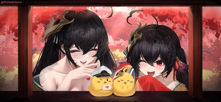 2girls, absurdres, age_difference, ahoge, autumn_leaves, azur_lane, black_hair, blush