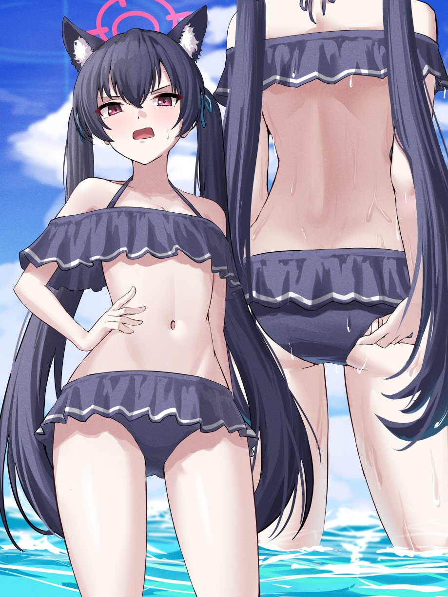 1girl, animal_ear_fluff, animal_ears, ass, bikini, bikini_skirt, black_bikini, black_hair