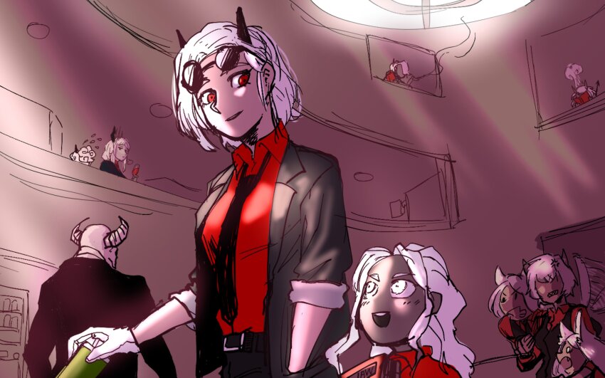 6+girls, absurdres, animal_ears, black_horns, black_jacket, black_necktie, cerberus_(helltaker), demon