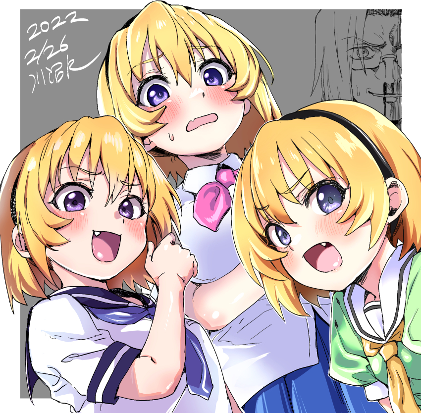 1boy, 3girls, :d, arm_up, black_headband, blonde_hair, blood, blue_eyes, blush, fangs, grey_background, headband, highres, higurashi_no_naku_koro_ni, higurashi_no_naku_koro_ni_gou, houjou_satoko, irie_kyousuke, kawanuma_k, looking_at_viewer, multiple_girls, necktie, nosebleed, open_mouth, school_uniform, short_hair, simple_background, smile, st._lucia_academy_school_uniform, sweatdrop
