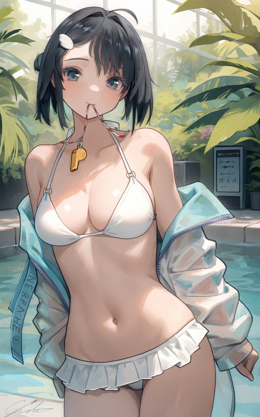 1girl, absurdres, ahoge, arknights, bare_shoulders, bikini, black_hair, breasts