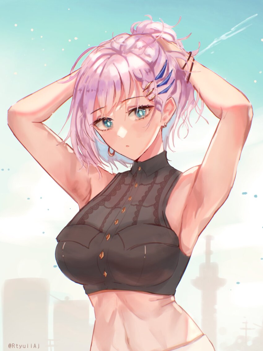 1girl, armpits, arms_on_head, arms_up, artist_name, bare_shoulders, breasts, crop_top, earrings, green_eyes, hair_ornament, hands_on_own_head, highres, hololive, hololive_indonesia, jewelry, large_breasts, looking_at_viewer, navel, pavolia_reine, pavolia_reine_(indonesian_casual), presenting_armpit, rtyuii7, shirt, short_hair, sleeveless, sleeveless_shirt, solo, twitter_username, upper_body, virtual_youtuber, white_hair