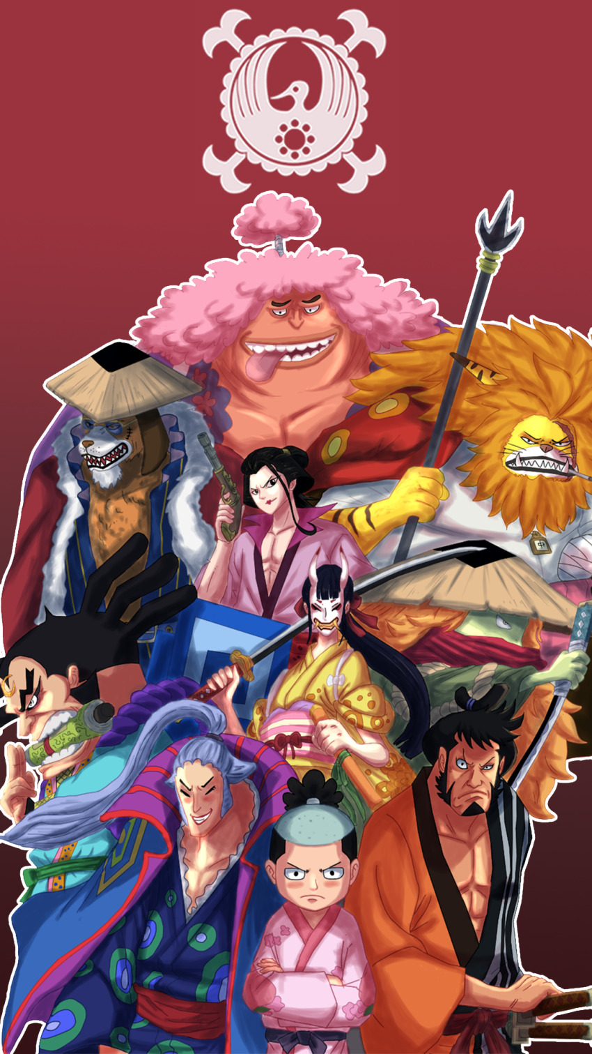 6+boys, animal_ears, aqua_hair, artist_name, ashura_doji, black_hair, blue_hair, budayarif, closed_mouth, crossed_arms, denjirou_(one_piece), facial_hair, furry, goatee, gun, hat, high_ponytail, highres, holding, holding_gun, holding_weapon, inuarashi_(one_piece), izou_(one_piece), japanese_clothes, kawamatsu, kikunojo_(one_piece), kinemon, kouzuki_momonosuke, lipstick, long_hair, looking_at_viewer, makeup, mask, multiple_boys, nekomamushi, one_piece, open_mouth, orange_hair, pink_hair, ponytail, raizo_(one_piece), sideburns, smile, tongue, tongue_out, topknot, weapon