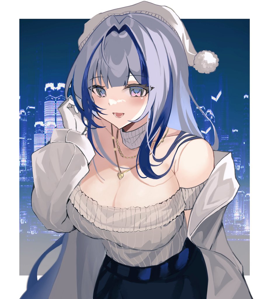 1girl, :d, bare_shoulders, blue_hair, breasts, choker, city, cleavage, commentary_request, girls'_frontline, girls'_frontline_neural_cloud, gloves, grey_choker, grey_hair, grey_sweater, hubble_(lovely_star-dusted_night)_(neural_cloud), hubble_(neural_cloud), jewelry, komuer, large_breasts, long_hair, long_sleeves, looking_at_viewer, multicolored_hair, necklace, off-shoulder_sweater, off_shoulder, open_mouth, pom_pom_(clothes), purple_eyes, ribbed_sweater, smile, solo, streaked_hair, sweater, upper_body, white_gloves, white_headwear