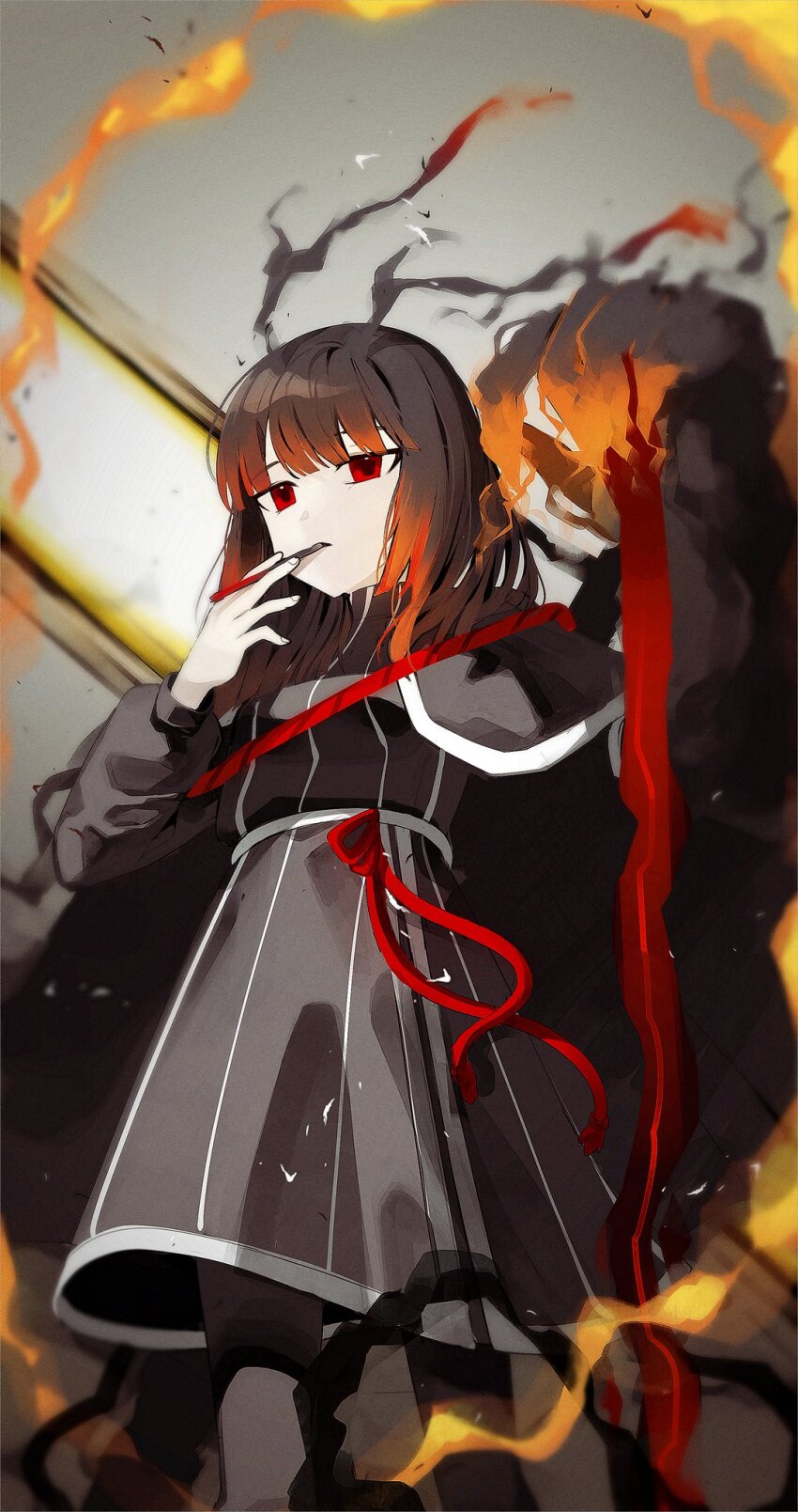 1girl, 4th_match_flame_(e.g.o), antennae, black_cape, black_dress, black_pantyhose, cape, ceiling_light