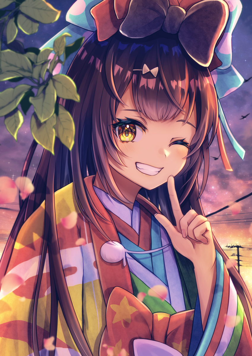 1girl, absurdres, black_hair, bow, fate/grand_order, fate_(series), grin, hair_bow