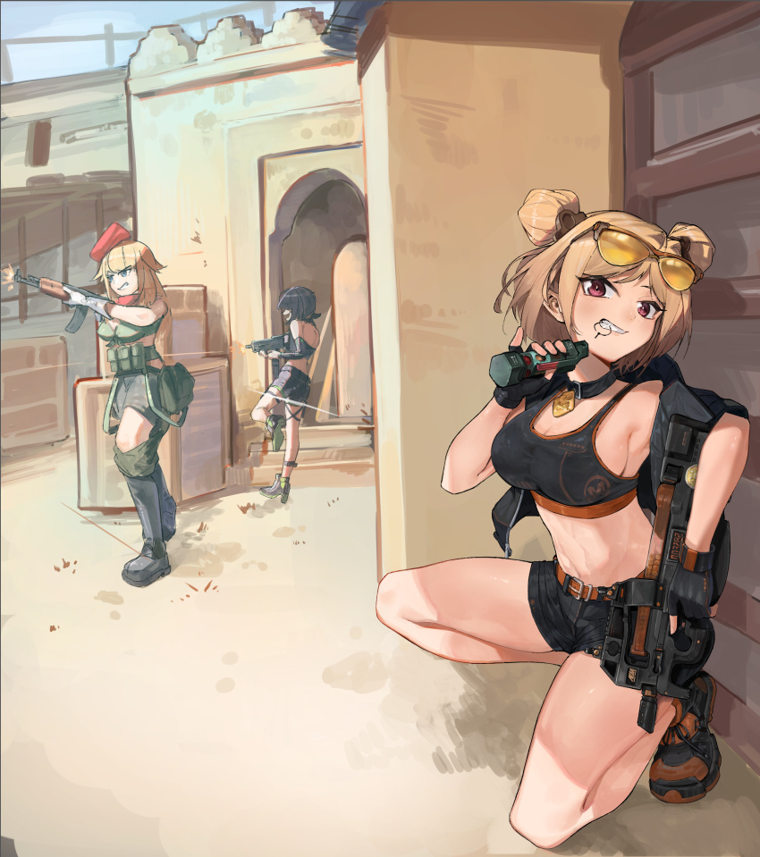 3girls, absurdres, ak-47, ak-47_(girls'_frontline), assault_rifle, bare_shoulders, belt, beret