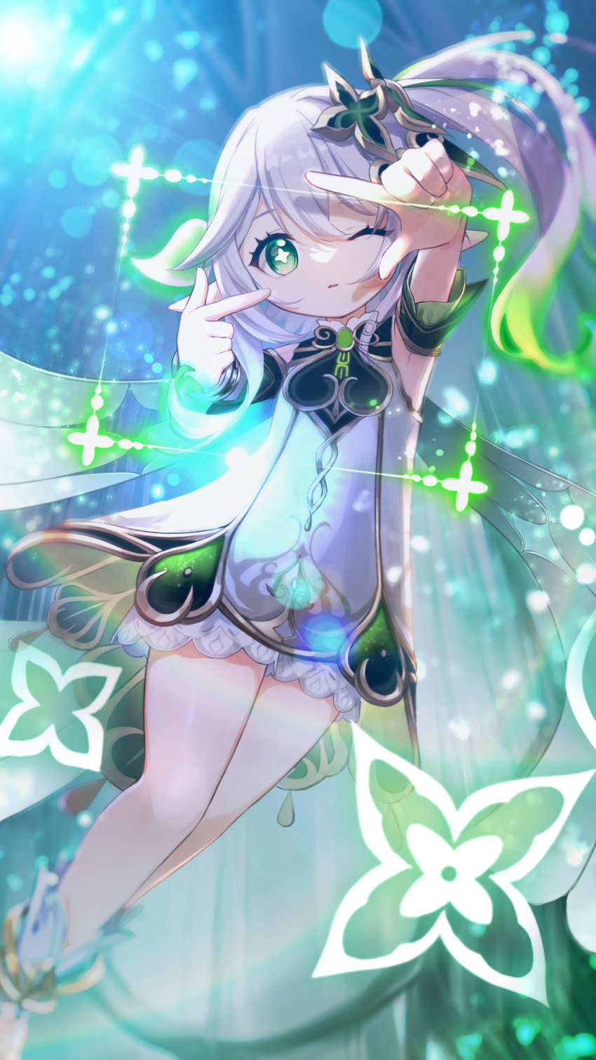 1girl, amakami_konomi_(artist), arms_up, bare_shoulders, bloomers, bracelet, cape, cross-shaped_pupils, detached_sleeves, dress, flying, gem, genshin_impact, gold_bracelet, gradient_hair, green_cape, green_eyes, green_gem, green_hair, grey_hair, hair_between_eyes, hair_ornament, heart, heart_hair_ornament, highres, jewelry, leaf, leaf_hair_ornament, long_hair, looking_at_viewer, multicolored_hair, nahida_(genshin_impact), one_eye_closed, open_mouth, pointy_ears, ponytail, rainbow, short_sleeves, side_ponytail, sidelocks, solo, symbol-shaped_pupils, two-tone_hair, underwear, white_bloomers, white_dress