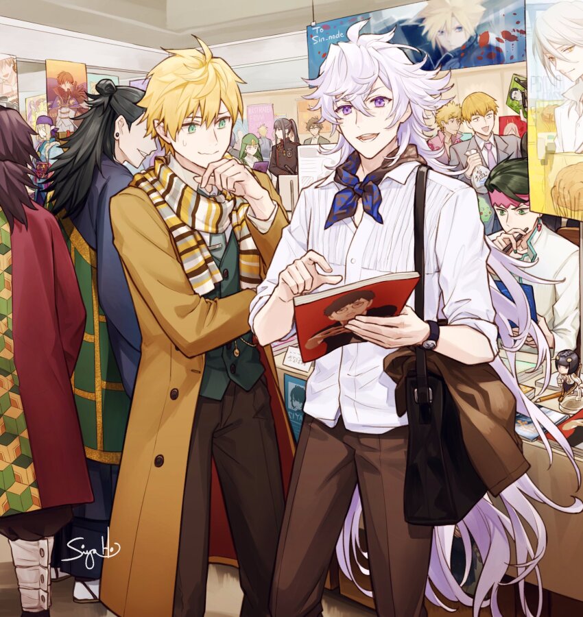 6+boys, arthur_pendragon_(fate), arthur_pendragon_(fgo_fes._2018)_(fate), bag, book, character_doll, character_request, cloud_strife, copyright_request, crossover, diamond_wa_kudakenai, doll, final_fantasy, final_fantasy_vii, highres, holding, holding_book, jojo_no_kimyou_na_bouken, kimetsu_no_yaiba, kishibe_rohan, kusuriuri_(mononoke), looking_at_object, looking_at_viewer, merlin_(fate), merlin_(under_the_same_sky)_(fate), mob_psycho_100, multiple_boys, multiple_crossover, ponytail, sakurai_takahiro, satchel, scarf, signature, siya_ho, striped_clothes, striped_scarf, sweatdrop, voice_actor_connection