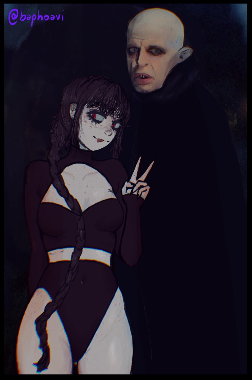 1boy, 1girl, :p, absurdres, bald, baphoavi, black_hair, black_shirt