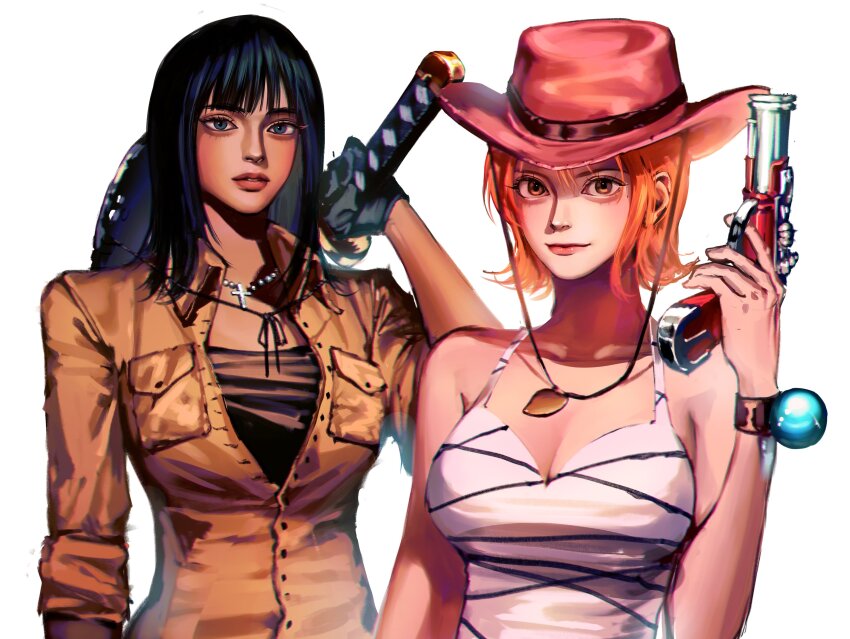 2girls, absurdres, bare_shoulders, black_gloves, black_hair, blunt_bangs, closed_mouth, cowboy_hat, cross, cross_necklace, gloves, gun, handgun, hat, unworn_hat, unworn_headwear, highres, holding, holding_gun, holding_sword, holding_weapon, jewelry, log_pose, long_hair, multiple_girls, nami_(one_piece), necklace, nico_robin, one_piece, onigirimayora, orange_eyes, orange_hair, pink_headwear, realistic, short_hair, simple_background, smile, sword, weapon, white_background