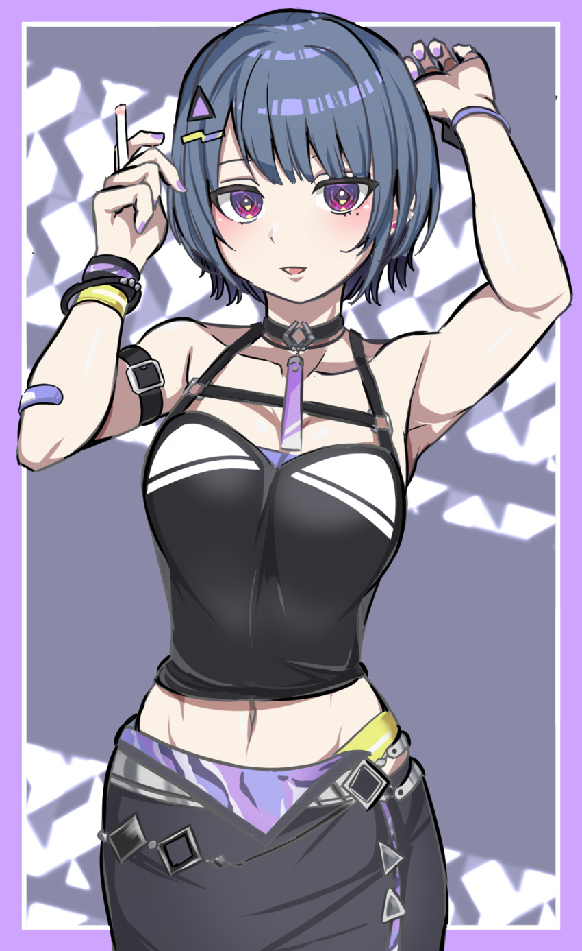 1girl, arm_belt, bandaid, bandaid_on_arm, bare_shoulders, black_camisole, black_choker, black_skirt