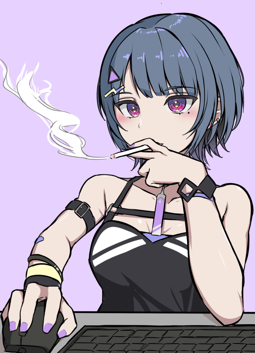 1girl, arm_belt, bare_shoulders, black_camisole, blue_hair, bracelet, breasts, camisole