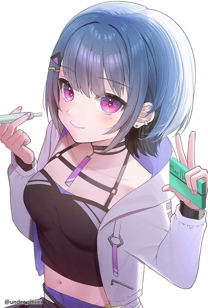 1girl, black_camisole, black_choker, black_skirt, blue_hair, breasts, camisole, choker