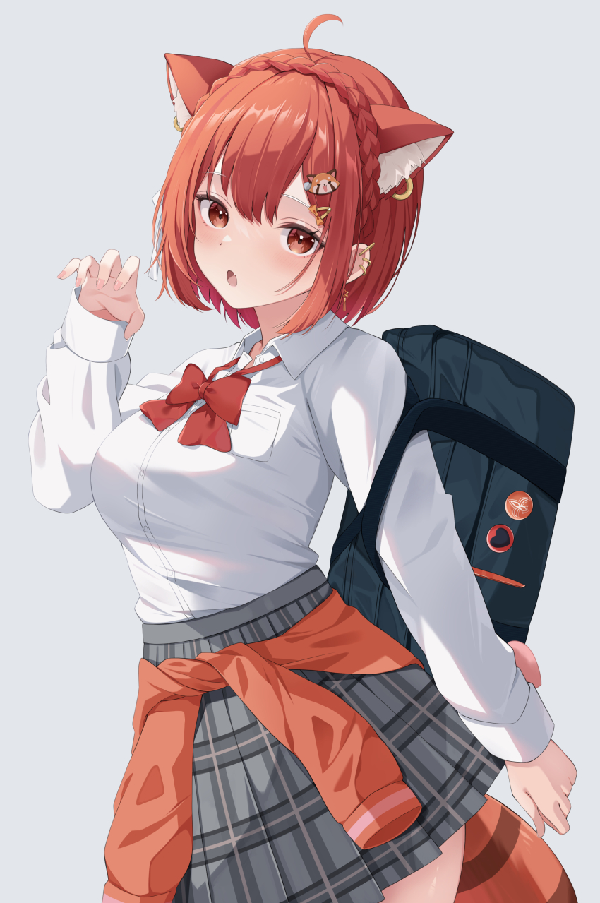 1girl, :o, absurdres, ahoge, animal_ear_fluff, animal_ears, animal_hair_ornament, bag