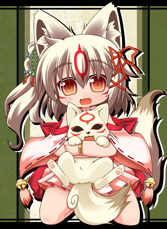 amaterasu_(ookami), animal_ears, brown_eyes, chibi, chibiterasu, facial_mark, fang, hair_ornament