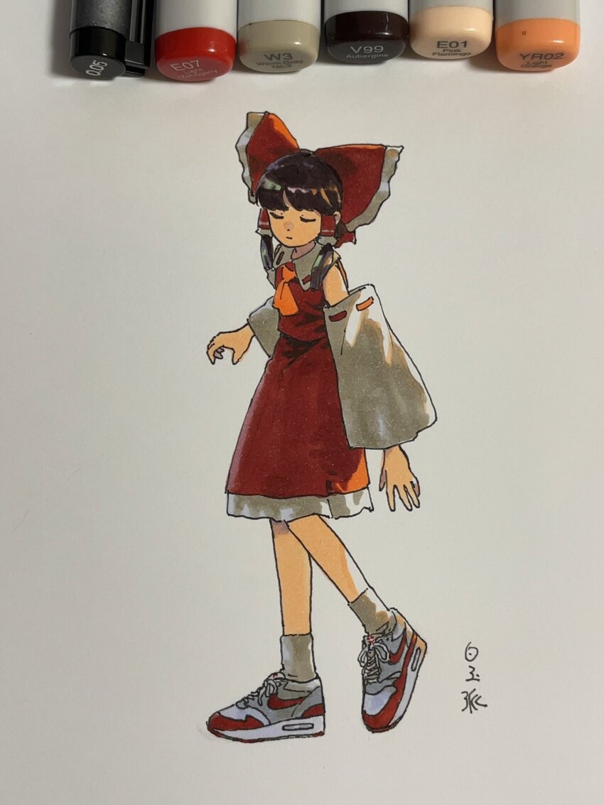 1girl, air_max, art_tools_in_frame, ascot, bare_shoulders, bow, brown_hair, closed_eyes