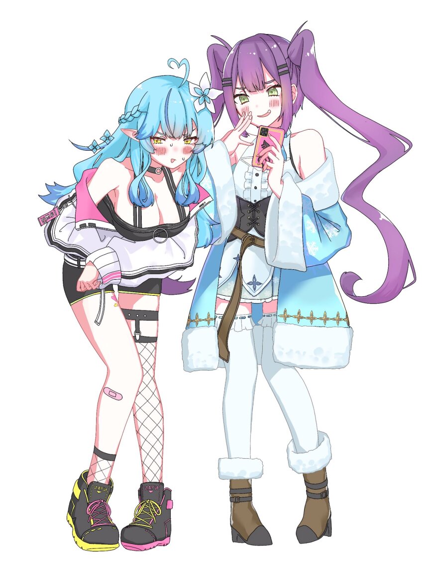 2girls, ahoge, arms_under_breasts, bandaid, bandaid_on_leg, bare_shoulders, belt, black_choker, black_corset, black_footwear, black_shorts, black_tank_top, blue_coat, blue_hair, blue_skirt, blush, boots, braid, breasts, brown_belt, brown_boots, cellphone, center_frills, choker, coat, colored_tips, commentary_request, corset, cosplay, costume_switch, covering_navel, fangs, fishnet_thighhighs, fishnets, flower, frilled_shirt, frilled_skirt, frilled_thighhighs, frills, full_body, fur-trimmed_boots, fur-trimmed_coat, fur_trim, green_eyes, hair_flower, hair_ornament, hairclip, half_updo, heart, heart_ahoge, high_heel_boots, high_heels, highres, hololive, jacket, large_breasts, leaning_forward, leather_belt, long_hair, long_sleeves, looking_at_another, looking_at_viewer, miniskirt, multicolored_hair, multiple_girls, nervous_sweating, o-ring, o-ring_choker, off_shoulder, ojou-sama_pose, phone, pleated_skirt, pointy_ears, purple_hair, shirt, shoes, shorts, side_braid, sidelocks, simple_background, single_thighhigh, skirt, sleeveless, sleeveless_shirt, smug, sneakers, snowflake_print, streaked_hair, sweat, sweatdrop, tank_top, thigh_strap, thighhighs, tokoyami_towa, tokoyami_towa_(1st_costume), twintails, underbust, very_long_hair, virtual_youtuber, white_background, white_jacket, white_shirt, white_thighhighs, yellow_eyes, yubi_pen, yukihana_lamy, yukihana_lamy_(1st_costume), zettai_ryouiki