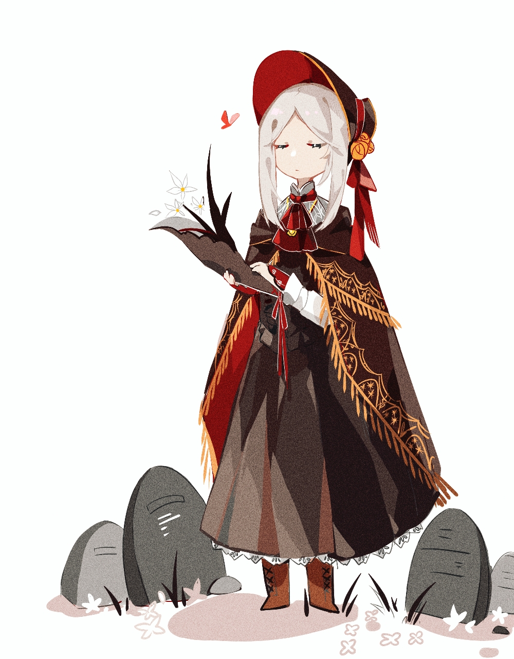 1girl, aislan, ascot, black_dress, bloodborne, boots, brown_boots, brown_cape