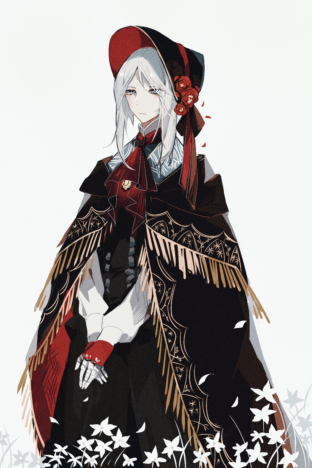 1girl, aislan, ascot, black_cape, black_dress, bloodborne, bonnet, cape