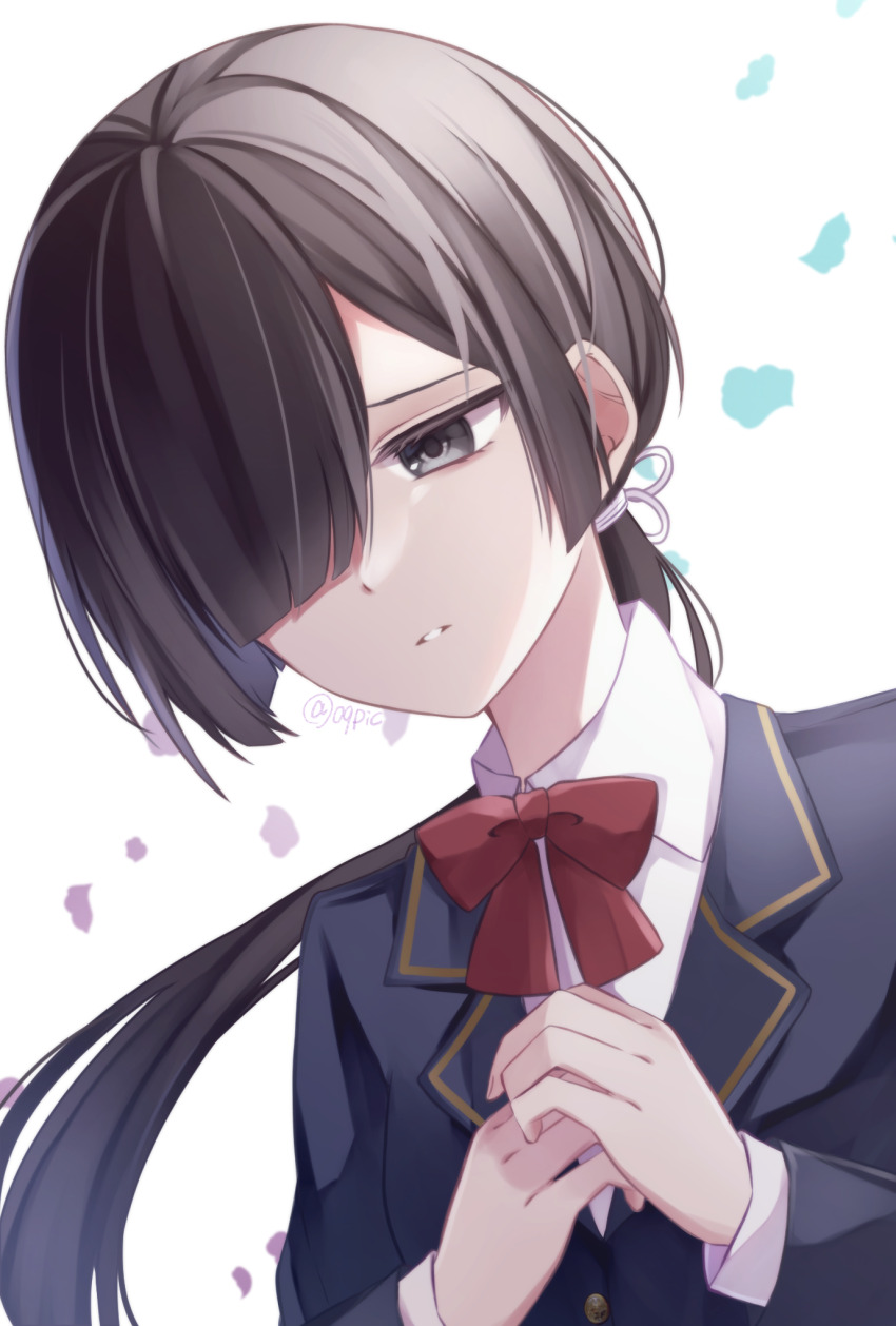 1girl, black_hair, blazer, bow, bowtie, canary999, collared_shirt, commentary_request, ema_ni_negai_o!, grey_eyes, hair_over_one_eye, highres, jacket, parted_lips, ponytail, red_bow, red_bowtie, sad, sakuya_himeko, school_uniform, shirt, solo, sound_horizon