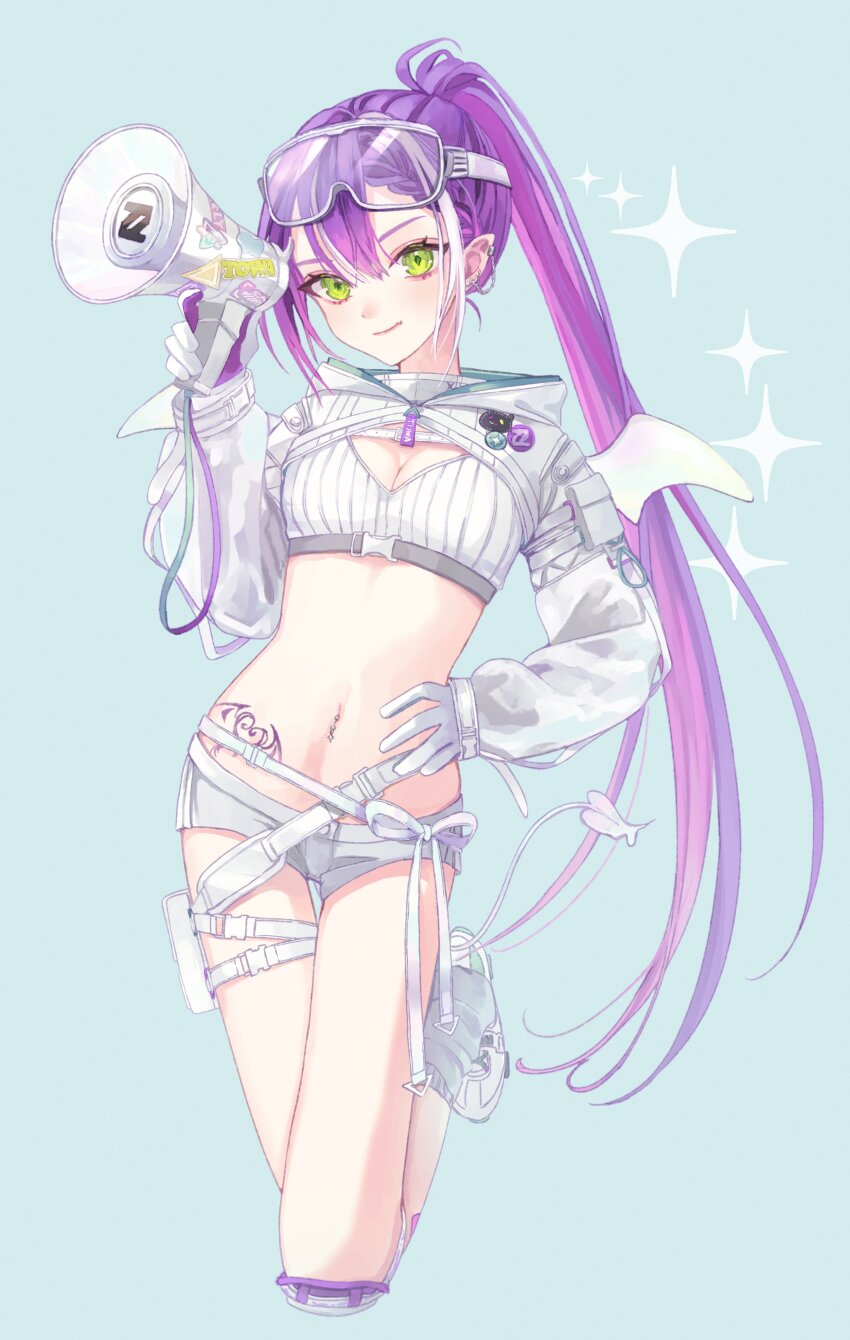 >:), 1girl, absurdres, aqua_background, bandaid, bandaid_on_leg, belt, braid, braided_bangs, breasts, cleavage, colored_inner_hair, commentary, contrapposto, cropped_legs, demon_girl, demon_tail, demon_wings, ear_chain, ear_piercing, eyewear_on_head, feet_out_of_frame, fyuu-ka, gloves, goggles, green_eyes, hand_on_own_hip, heart, heart_tattoo, highres, hip_tattoo, holding, holding_megaphone, hololive, hooded_shrug, knee_pads, knee_up, linked_piercing, long_hair, long_sleeves, looking_at_viewer, loose_socks, megaphone, midriff, multicolored_hair, multiple_belts, navel, navel_piercing, official_alternate_costume, official_alternate_hairstyle, piercing, pink_hair, pointy_ears, ponytail, pouch, purple_hair, roller_skates, short_shorts, shorts, shrug_(clothing), skates, small_breasts, smile, socks, solo, strapless, untranslatable_commentary, tail, tattoo, thigh_pouch, thigh_strap, tokoyami_towa, tokoyami_towa_(cyberpunk), tube_top, v-shaped_eyebrows, virtual_youtuber, white_belt, white_gloves, white_shorts, white_shrug, white_tube_top, winged_heart, winged_heart_tattoo, wings