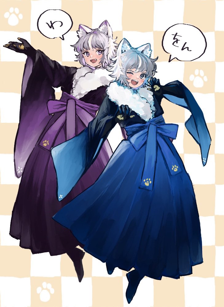 2girls, animal_ear_fluff, aramosaurus, black_gloves, blush, ema_ni_negai_o!, fang, fur_trim