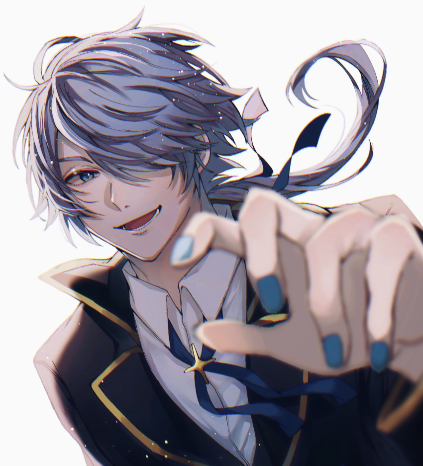 1boy, black_jacket, blazer, blue_eyes, blue_nails, gold_trim, grey_hair, hair_over_one_eye