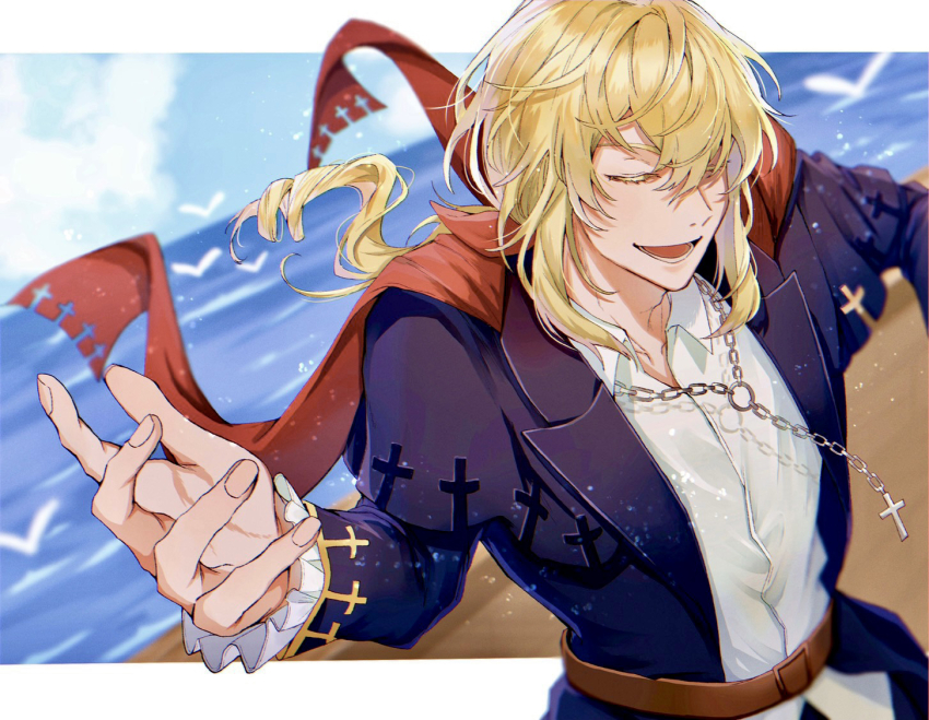 1boy, beach, belt, blonde_hair, blue_jacket, brown_belt, cape, chain