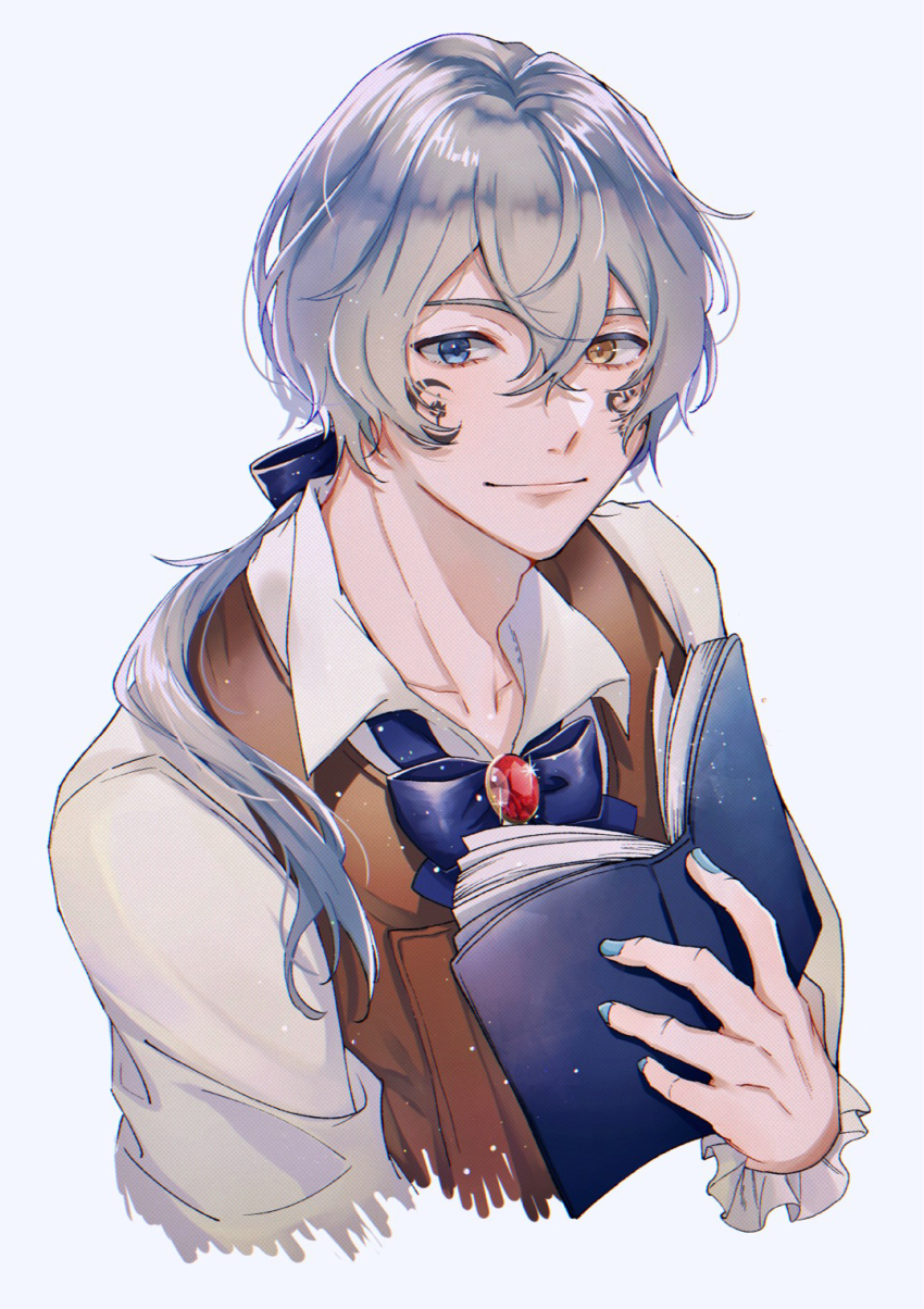 1boy, blue_bow, blue_eyes, blue_nails, book, bow, brown_vest, collared_shirt
