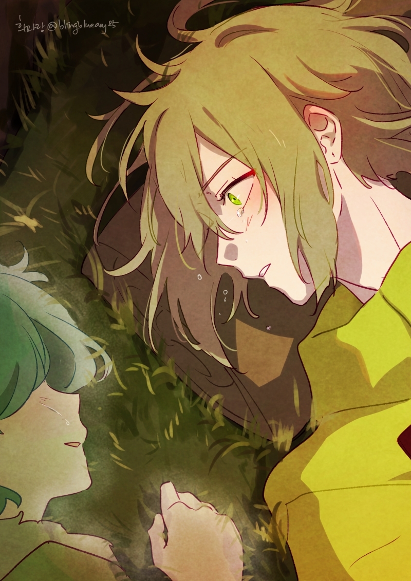 1boy, 1girl, ahoge, blue_hair, blush, collared_jacket, crying, crying_with_eyes_open