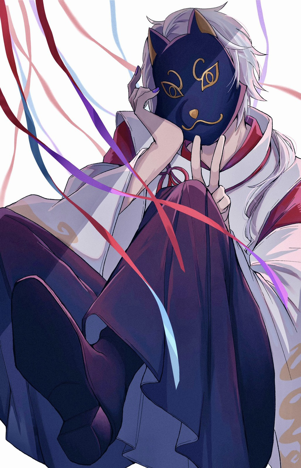 1boy, ema_ni_negai_o!, fox_mask, geki, grey_hair, hakama, highres, japanese_clothes, male_focus, mask, purple_nails, red_hakama, short_hair, shrine_member_(sound_horizon), solo, sound_horizon, v, yohane_(yohane007)