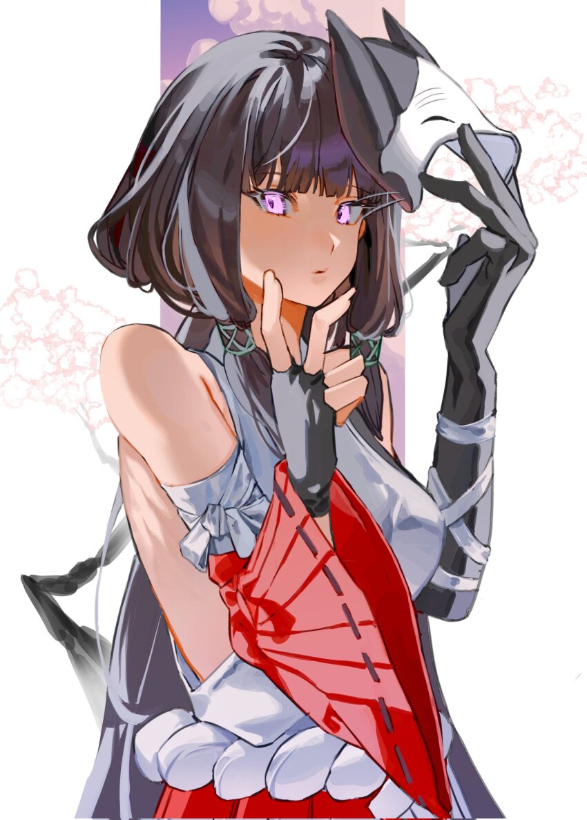 1girl, asymmetrical_gloves, asymmetrical_sleeves, black_gloves, black_hair, bob_cut, corrupted_twitter_file, detached_sleeves