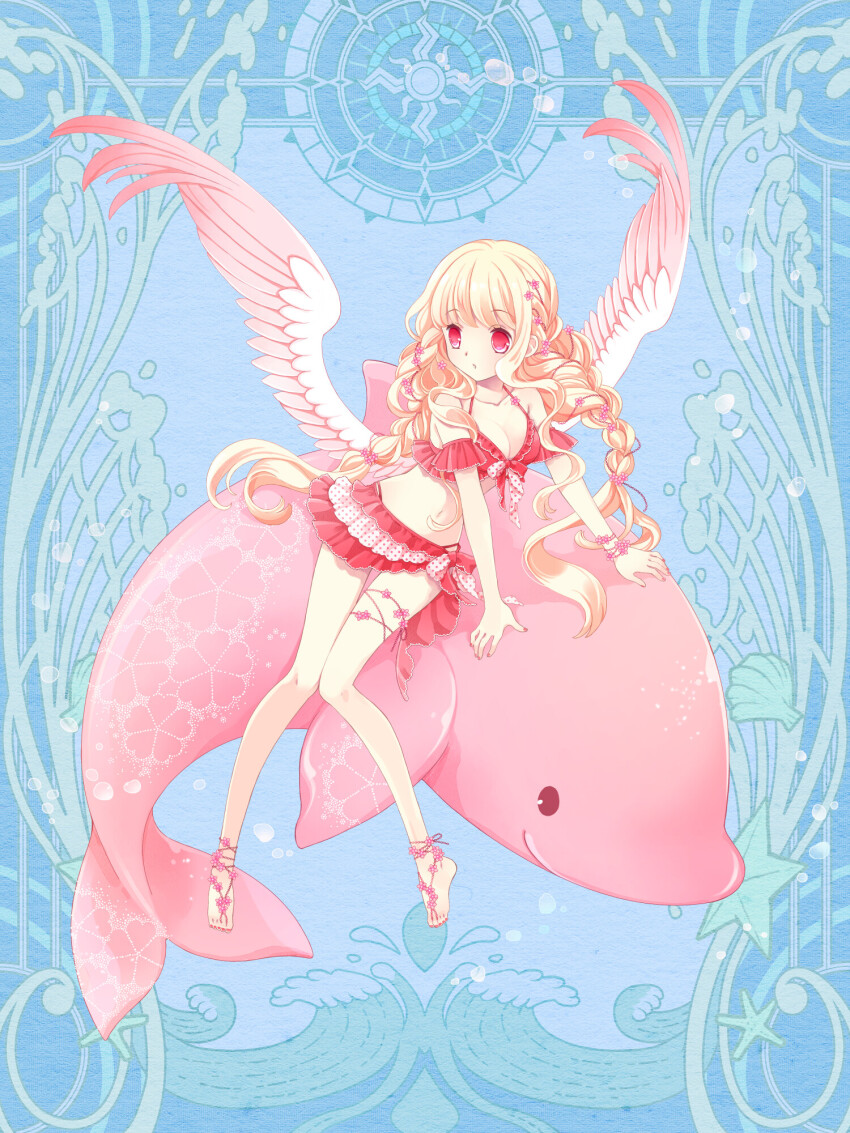 1girl, angel_wings, barefoot, bikini, blonde_hair, blue_background, bracelet, breasts