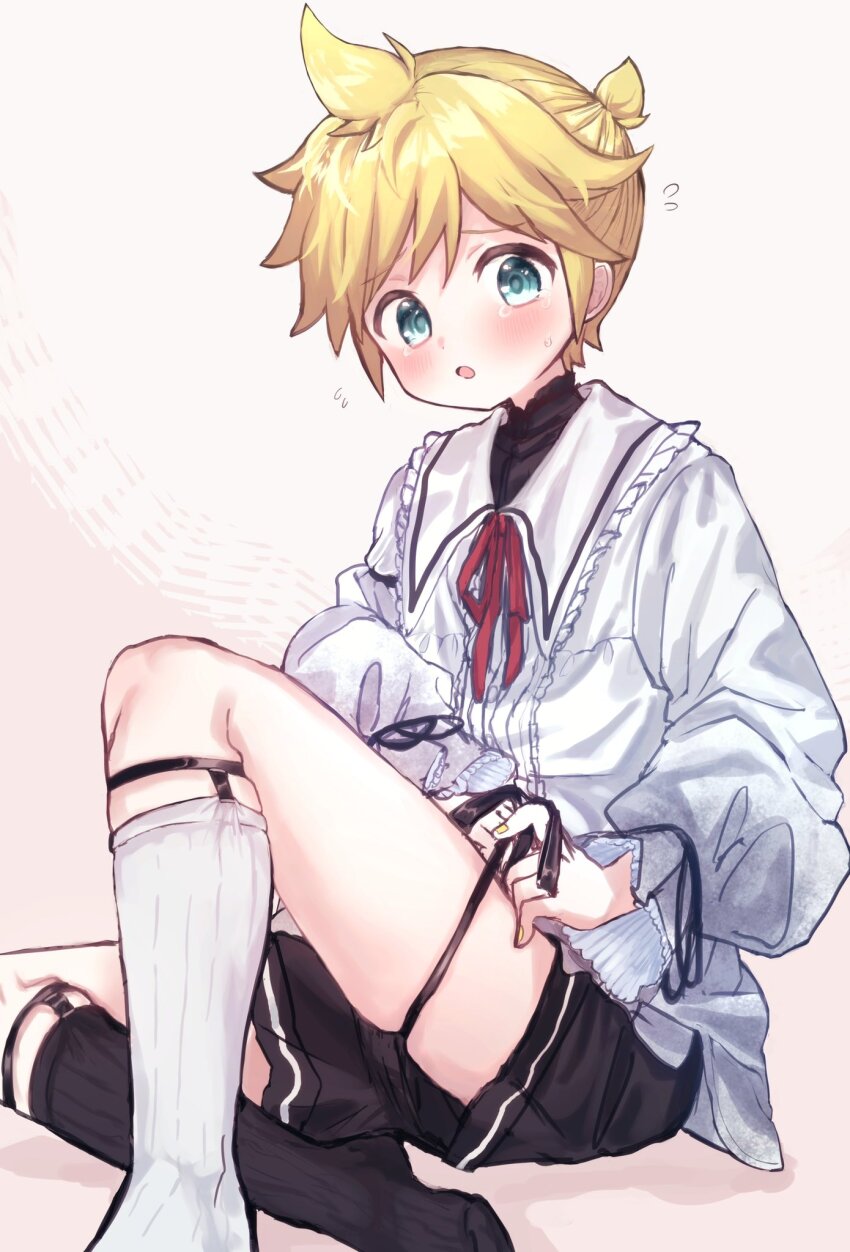 1boy, 25-ji_len, black_footwear, black_shirt, black_shorts, black_socks, blonde_hair, blue_eyes