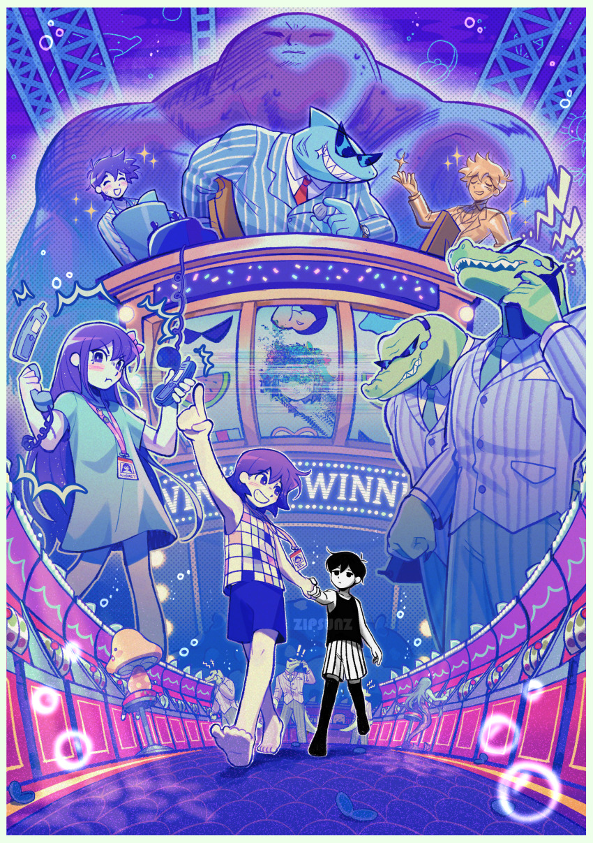 2girls, 6+boys, absurdres, aubrey_(omori), barefoot, basil_(omori), black_eyes, black_hair