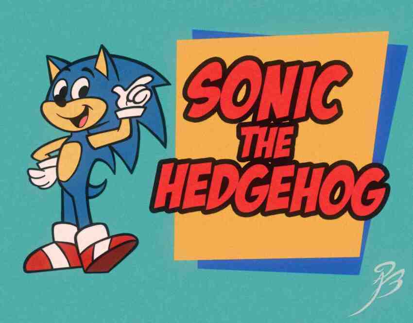 1boy, angelbee623, animal_ears, animal_nose, blue_background, blue_fur, commentary, english_commentary, english_text, furry, furry_male, gloves, hanna-barbera, hedgehog_boy, logo, looking_at_viewer, male_focus, open_mouth, parody, red_shoes, shoes, signature, simple_background, smile, solo, sonic_(series), sonic_the_hedgehog, sonic_the_hedgehog_(classic), standing, style_parody, tail, toon_(style), white_gloves