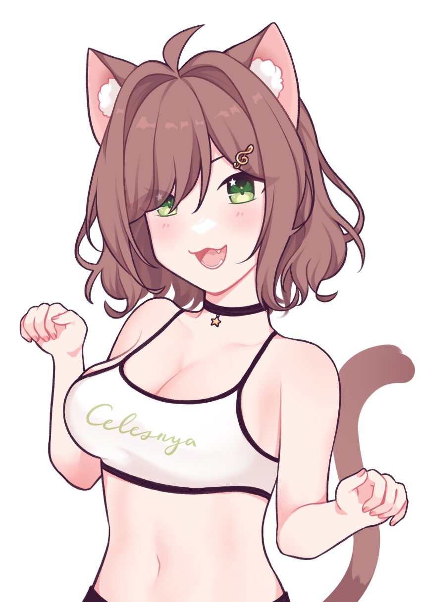 1girl, animal_ears, bare_arms, bare_shoulders, breasts, brown_hair, cat_ears, cat_tail