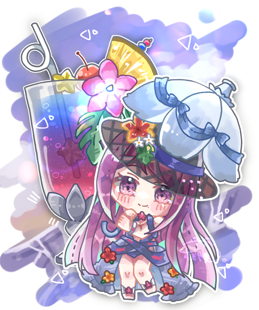 1girl, black_hat, blush, chibi, closed_mouth, cocktail_glass, cup, drink, drinking_glass, drinking_straw, female_focus, fire_emblem, fire_emblem_engage, fire_emblem_heroes, flower, hat, hat_flower, highres, ivy_(fire_emblem), ivy_(summer)_(fire_emblem), kinako_tadano, long_hair, matching_hair/eyes, nintendo, parasol, purple_eyes, purple_hair, solo, swimsuit, tropical_drink, umbrella