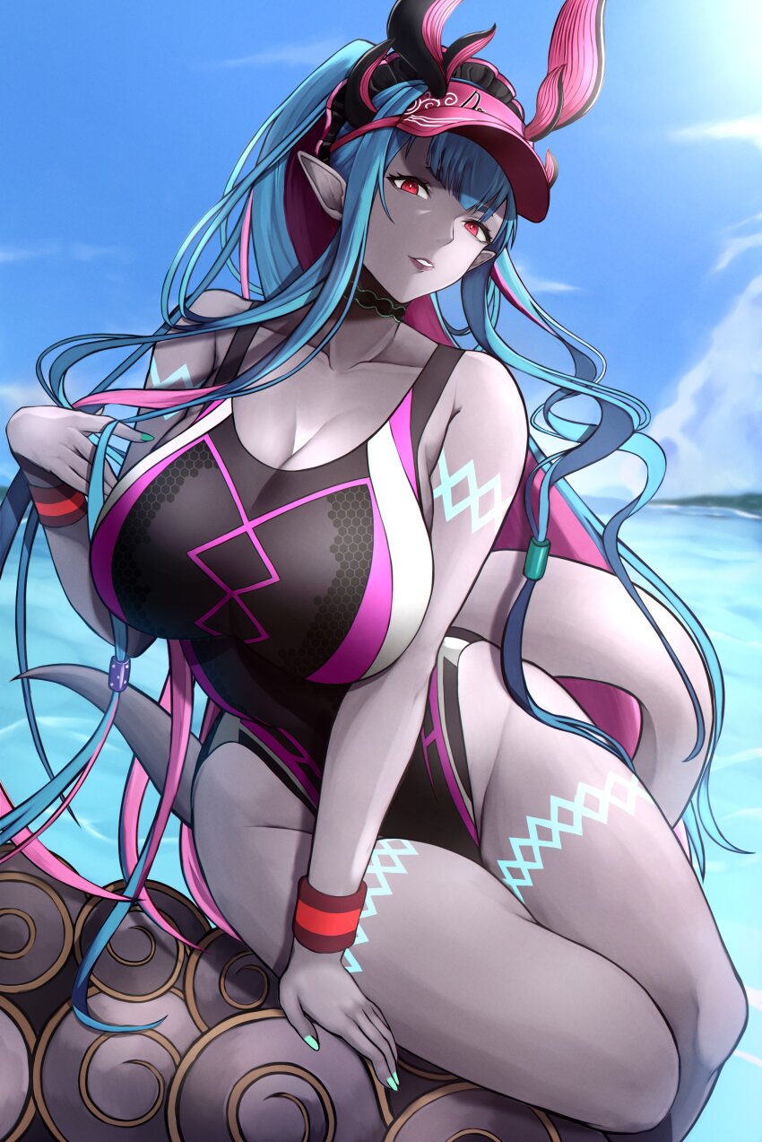 1girl, absurdres, aqua_nails, bare_shoulders, black_choker, black_horns, black_one-piece_swimsuit, blue_hair