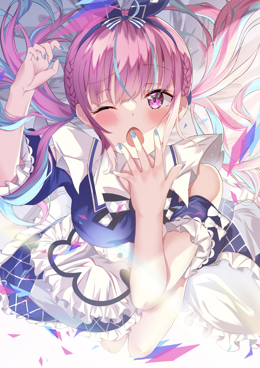 1girl, ;o, absurdres, ahoge, apron, asphalt494, blue_dress, blue_hair