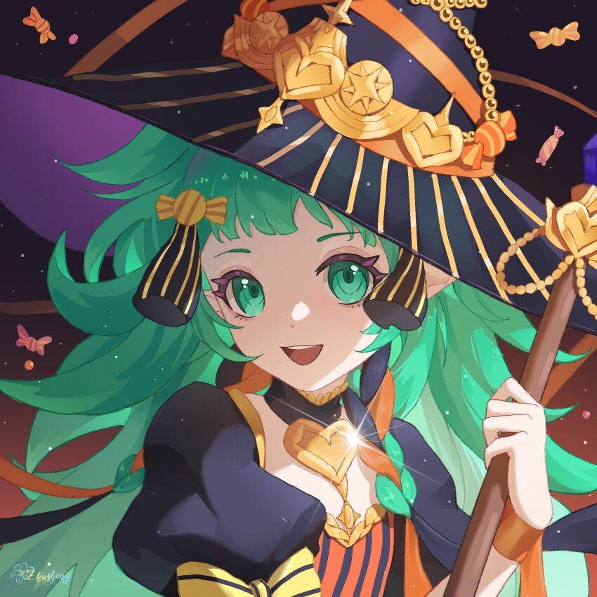 1girl, black_dress, black_hat, broom, candy, commentary, dress, fire_emblem, fire_emblem:_three_houses, fire_emblem_heroes, food, green_eyes, green_hair, halloween_costume, hat, highres, holding, holding_broom, long_hair, looking_at_viewer, nintendo, official_alternate_costume, orange_dress, pointy_ears, puffy_short_sleeves, puffy_sleeves, short_sleeves, smile, solo, sothis_(fire_emblem), sothis_(halloween)_(fire_emblem), teeth, twintails, two-tone_dress, tzzis, upper_teeth_only, very_long_hair, witch_hat