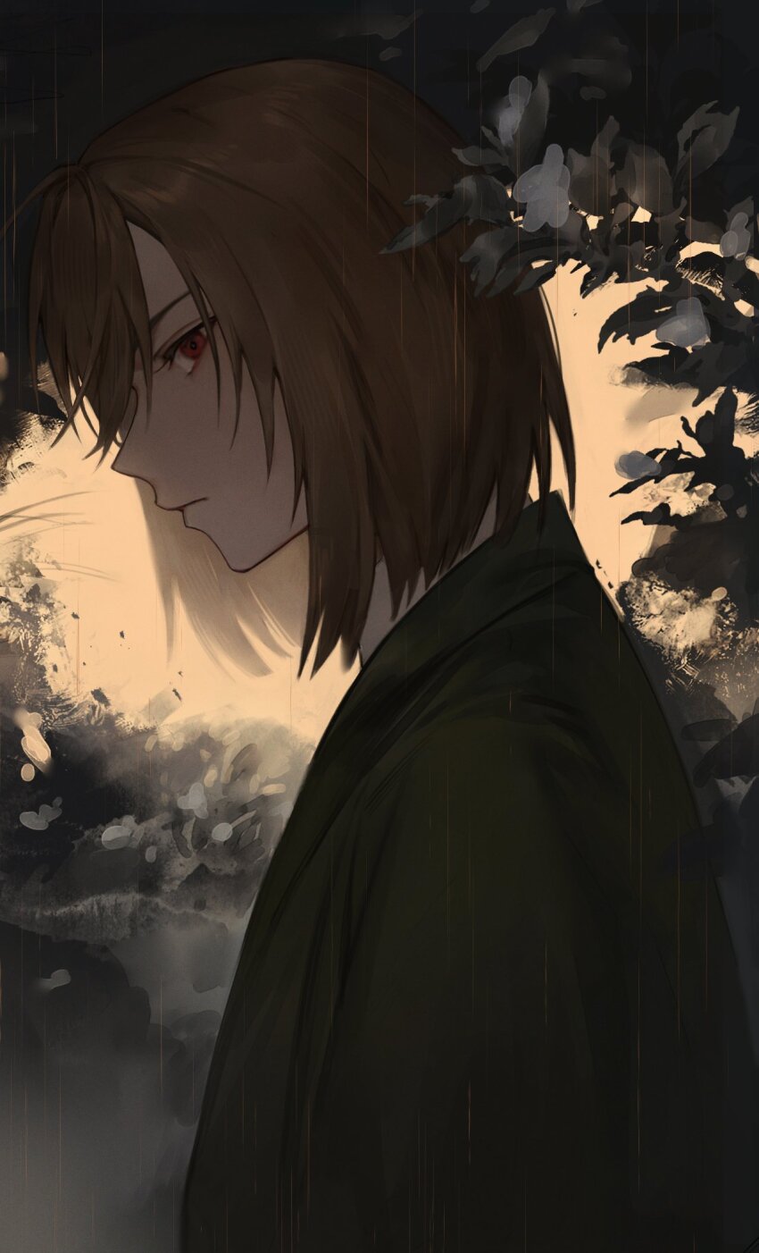 1boy, brown_hair, closed_mouth, commentary, flower, from_side, green_jacket, harada_mutei