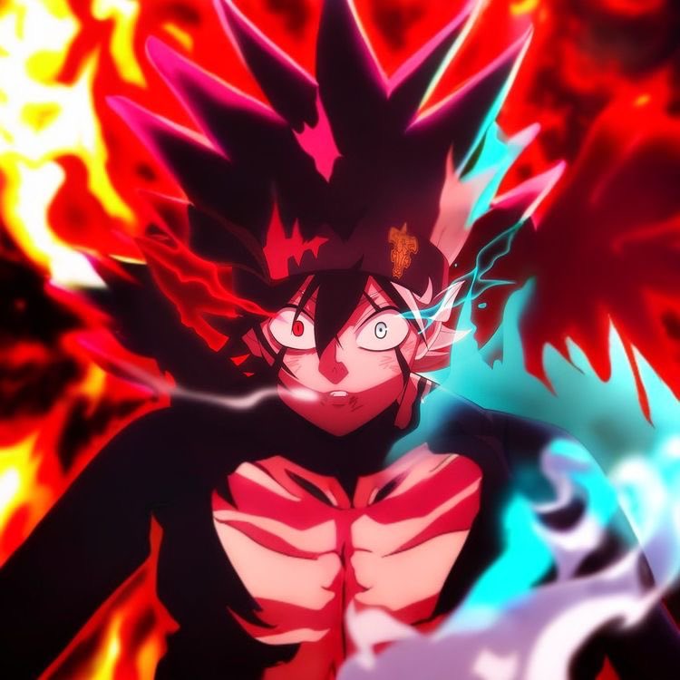 1boy, anti-mage, asta_(black_clover), black_clover, black_hair, blue_eyes, blue_hair, demon_arm, demon_boy, fire, looking_at_viewer, magic, muscular, muscular_male, red_eyes, serious, spiked_hair, tagme