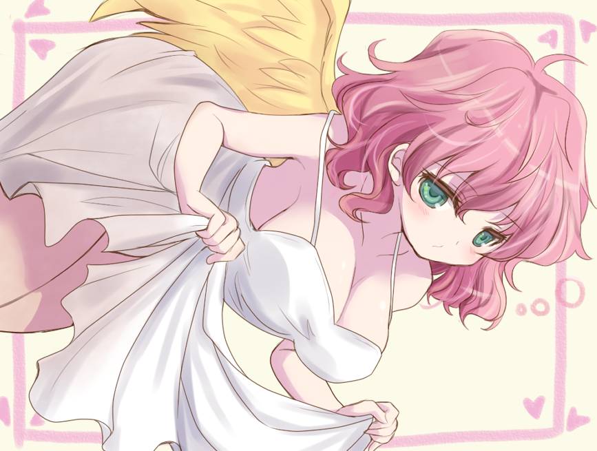 1girl, alternate_breast_size, angel, angel_wings, blush, breasts, cleavage, collarbone, dress, feathered_wings, green_eyes, hamaneko29q, harpy_(puyopuyo), holding_own_dress, large_breasts, medium_breasts, monster_girl, pink_hair, puyopuyo, solo, spaghetti_strap, wavy_hair, white_dress, wings, yellow_wings