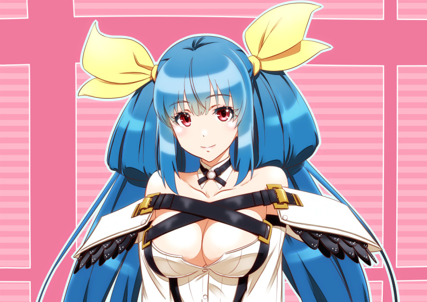 bare_shoulders, belt, black_choker, breasts, choker, cleavage, closed_mouth, collarbone