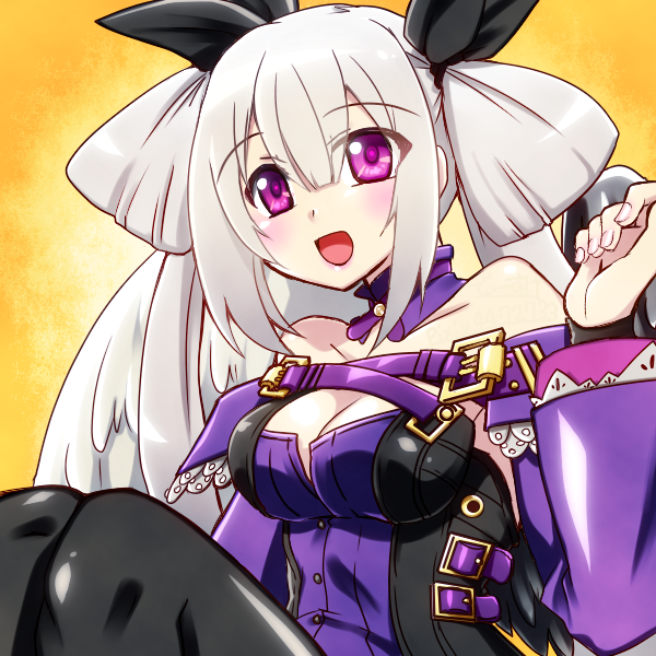 1girl, alternate_color, angel_wings, asymmetrical_wings, bare_shoulders, belt, black_ribbon, black_thighhighs