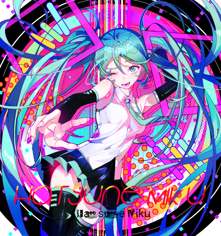 1girl, absurdres, black_thighhighs, green_hair, hatsune_miku, highres, necktie, one_eye_closed, pazzi_(zzxh2354), thighhighs, twintails, vocaloid