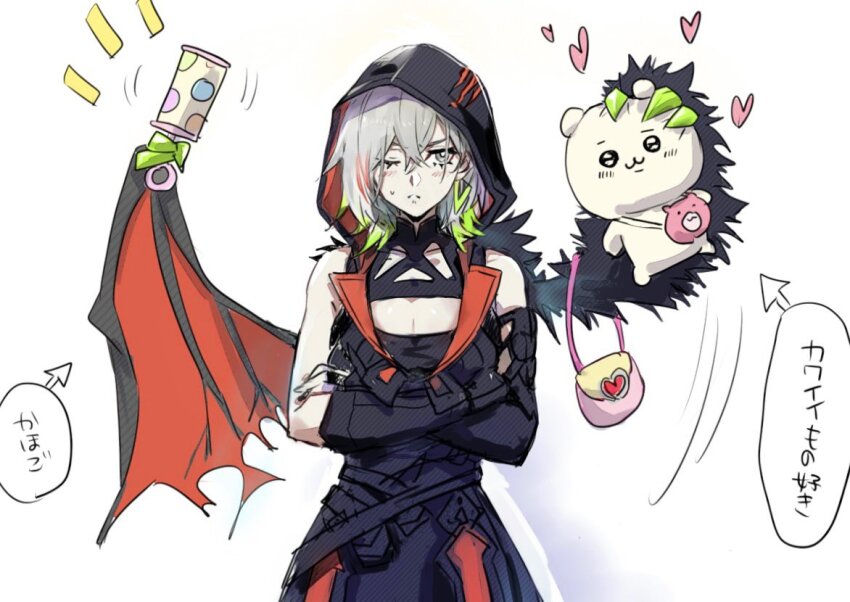 1girl, bare_shoulders, blush, breasts, cleavage, colored_tips, crossed_arms, demon_wings, diabellstar_the_black_witch, duel_monster, gloves, green_hair, grey_eyes, grey_hair, holding, holding_rattle, holding_stuffed_toy, hood, hood_up, medium_breasts, multicolored_hair, one_eye_closed, rattle, red_hair, shikiruru, single_glove, single_sleeve, single_wing, solo, stuffed_toy, translated, wings, yu-gi-oh!