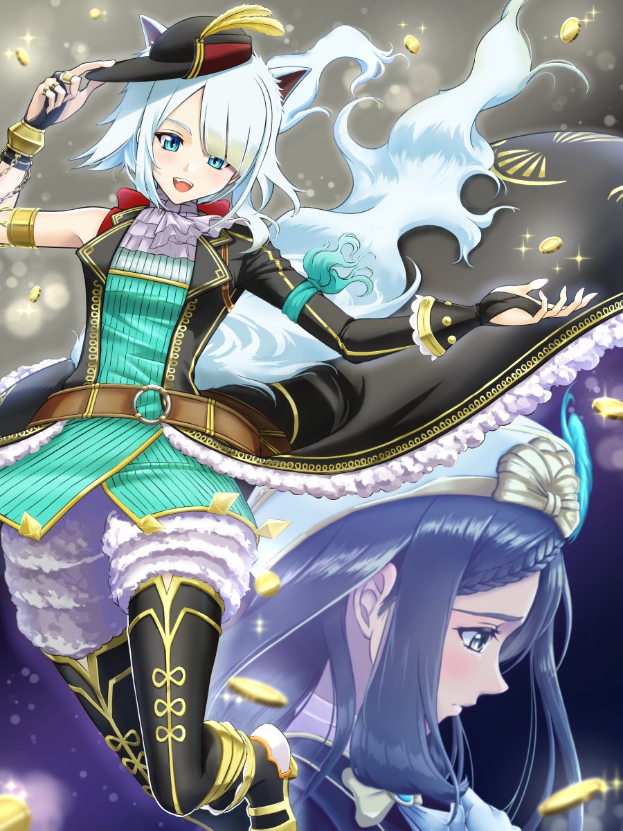 2girls, animal_ears, armored_boots, asymmetrical_clothes, blue_eyes, blue_hair, bob_cut, boots